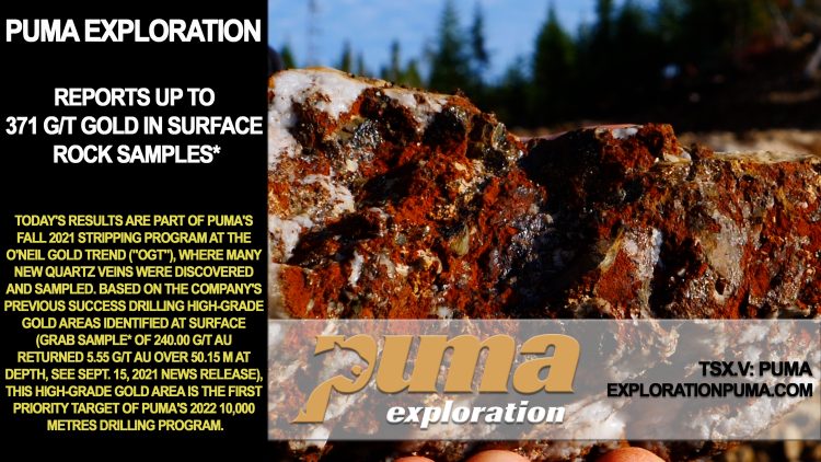 Puma Exploration Reports Up to 371 G/T Gold in Surface Rock Samples*