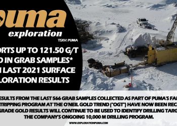 Puma Exploration Reports up to 121.50 g/t Gold in Grab Samples* From Last 2021 Surface Exploration Results