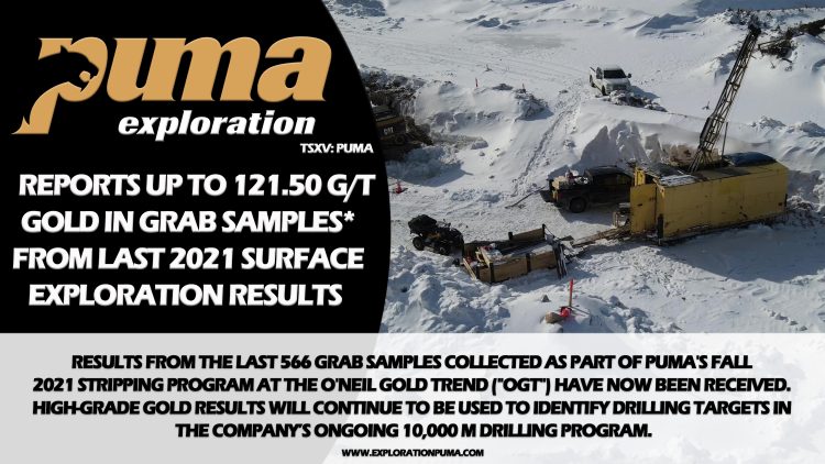 Puma Exploration Reports up to 121.50 g/t Gold in Grab Samples* From Last 2021 Surface Exploration Results