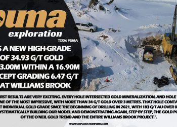 Puma Exploration Drills a New High-Grade Zone of 34.93 g/t Gold Over 3.00m Within a 16.90m Intercept Grading 6.47 g/t Gold at Williams Brook