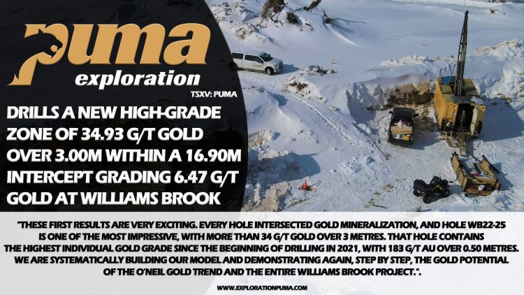Puma Exploration Drills a New High-Grade Zone of 34.93 g/t Gold Over 3.00m Within a 16.90m Intercept Grading 6.47 g/t Gold at Williams Brook