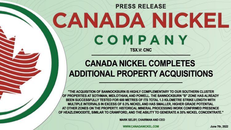 Canada Nickel Completes Additional Property Acquisitions
