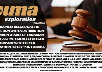 Puma Exploration Announces Record Date in Connection With a Distribution of Common Shares of Canadian Copper, a Strategically-Focused Company With Copper Exploration Projects in Canada