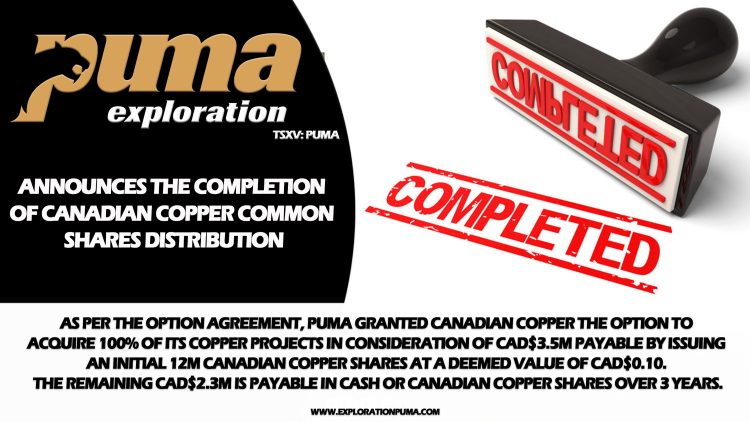 Puma Exploration Announces the Completion of Canadian Copper Common Shares Distribution