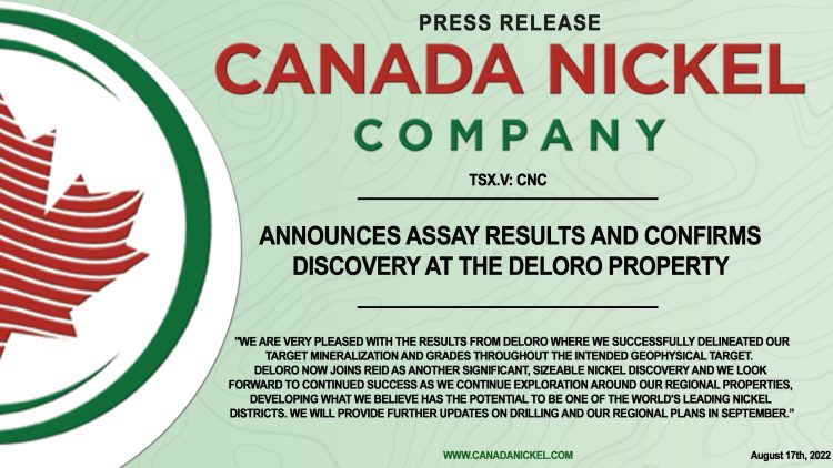 Canada Nickel Company Announces Assay Results and Confirms Discovery at Deloro Property