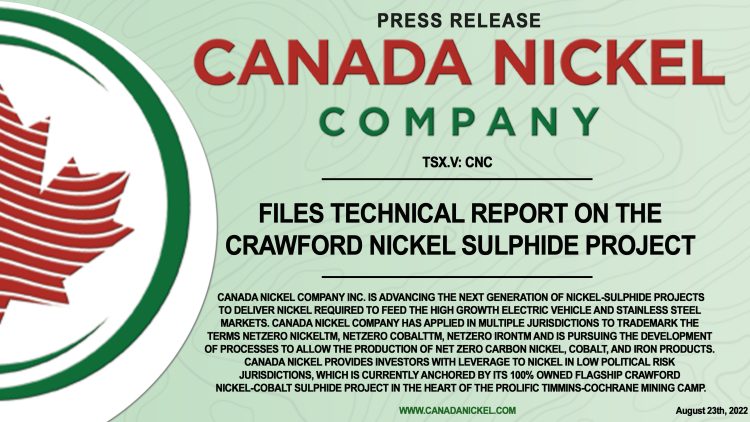 Canada Nickel files Technical Report on the Crawford Nickel Sulphide Project