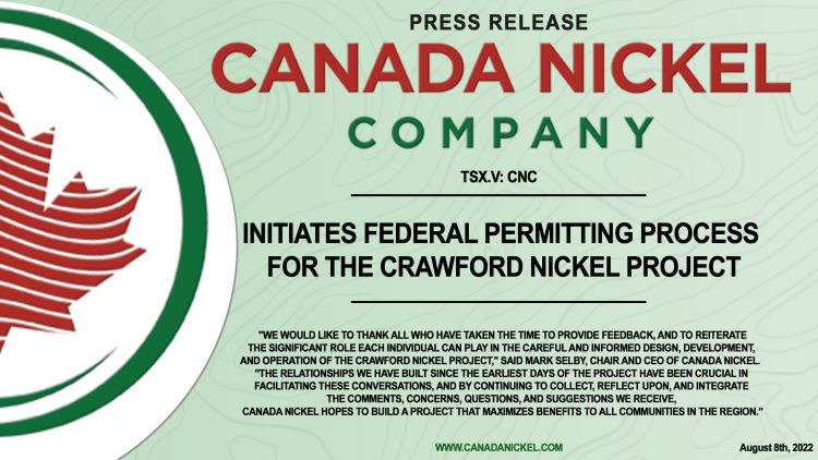 Canada Nickel Company Initiates Federal Permitting Process for Crawford Nickel Project