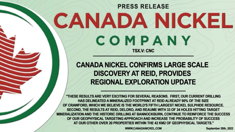 Canada Nickel Confirms Large Scale Discovery at Reid, Provides Regional Exploration Update