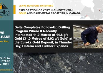 Delta Completes Follow-Up Drilling Program Where It Recently Intersected 11.9 Metres of 14.8 g/t Gold (31.0 Metres of 5.92 g/t Gold) at the Eureka Gold Deposit, in Thunder Bay, Ontario and Further Expands Land Position