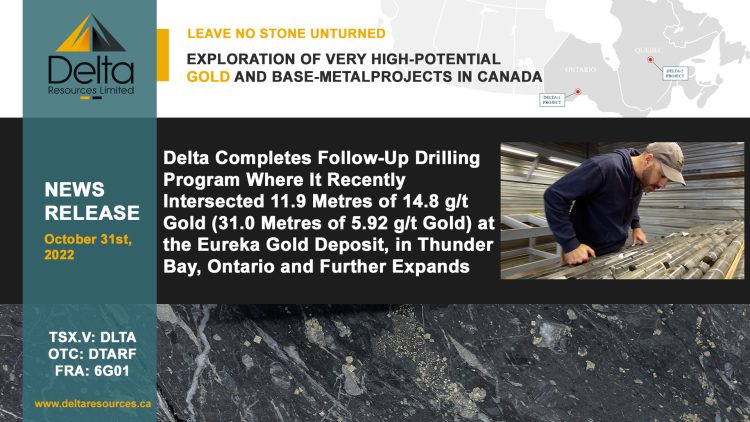 Delta Completes Follow-Up Drilling Program Where It Recently Intersected 11.9 Metres of 14.8 g/t Gold (31.0 Metres of 5.92 g/t Gold) at the Eureka Gold Deposit, in Thunder Bay, Ontario and Further Expands Land Position