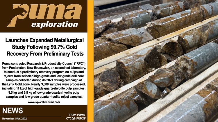 Puma Exploration Launches Expanded Metallurgical Study Following 99.7% Gold Recovery From Preliminary Tests
