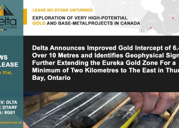 Delta Announces Improved Gold Intercept of 6.49 g/t Over 10 Metres and Identifies Geophysical Signature Further Extending the Eureka Gold Zone For a Minimum of Two Kilometres to The East in Thunder Bay, Ontario