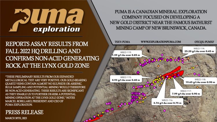 Puma Exploration Reports Assay Results From Fall 2022 HQ Drilling and Confirms Non-Acid Generating Rock at the Lynx Gold Zone
