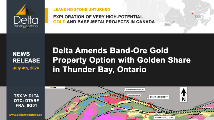 Delta Amends Band-Ore Gold Property Option with Golden Share in Thunder Bay, Ontario