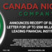 Canada Nickel Announces Receipt of Support Letter for up to $500 million from Leading Financial Institution