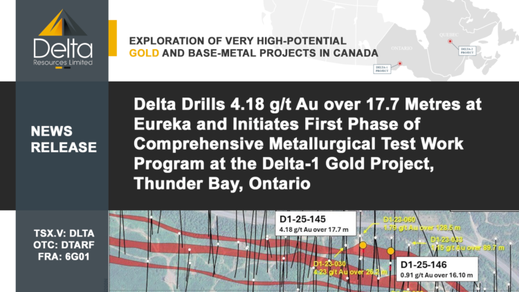 Delta Drills 4.18 g/t Au over 17.7 Metres at Eureka and Initiates First Phase of Comprehensive Metallurgical Test Work Program at the Delta-1 Gold Project, Thunder Bay, Ontario