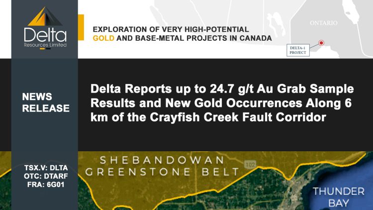 Delta Reports up to 24.7 g/t Au Grab Sample Results and New Gold Occurrences Along 6 km of the Crayfish Creek Fault Corridor